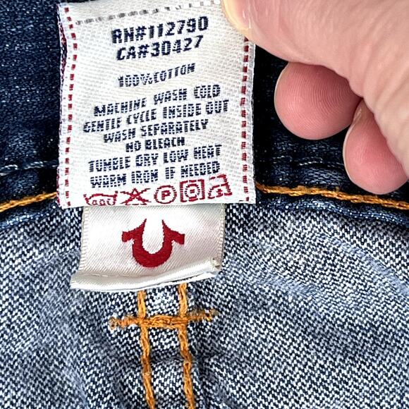 VTG Y2K True Religion Button Fly Flared Low Rise Denim Jeans Leather Patch 27 - Picture 12 of 14